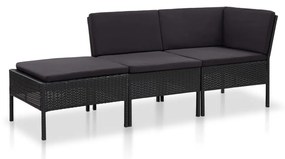 3 pcs conjunto lounge de jardim c/ almofadões vime PE preto