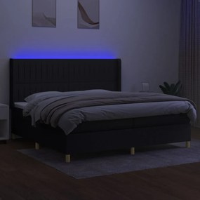 Cama box spring c/ colchão e LED 200x200 cm tecido preto