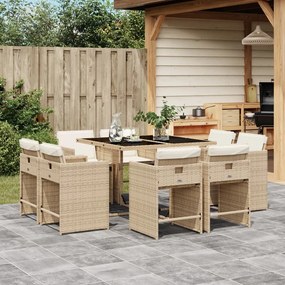 vidaXL 9 pcs conjunto de jantar p/ jardim com almofadões vime PE bege