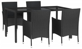 5 pcs conjunto de jantar p/ jardim c/ almofadões vime PE preto