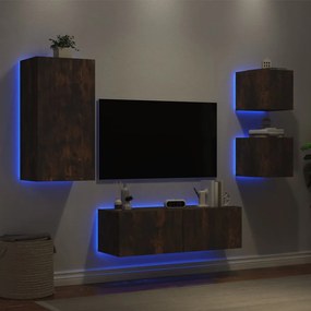 4 pcs móveis de parede para TV com luzes LED carvalho fumado