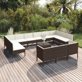 14 pcs conjunto lounge jardim c/ almofadões vime PE castanho