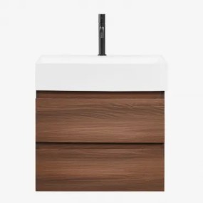 Conjunto De Móvel De Casa De Banho Suspenso Em Madeira E Folha De Freixo Com Lavatório Integrado Ona Madeira Escura & Sem Espelho & Preto - Sklum