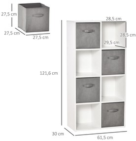 Estante para Livros de 8 Cubos Estante Modular com 4 Cestos Removíveis de TNT para Escritório Estúdio Dormitório 61,5x30x121,6cm Branco e Cinza