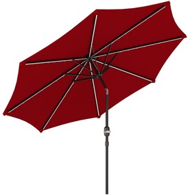 Outsunny Chapéu de Sol para Jardim Ø292x252 cm com Inclinação Ajustável até 45° Luzes LED Solares e Manivela Vinho