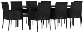 9 pcs conjunto de jantar p/ jardim c/ almofadões vime PE preto
