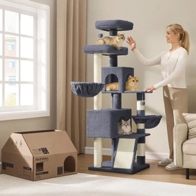 Arranhador para gatos 55 x 55 x 174 cmcom plataforma grande e cavidade dupla, cinzento escuro