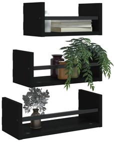 3pcs conj. prateleiras de parede c/ barras deriv. madeira preto