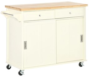 Carrinho de Cozinha com 2 Armários Porta Corredeira 2 Gavetas e Barra para Panos Móvel Aparador com Rodas para Sala de Jantar 110x49,5x89,5cm Creme