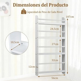 Estante infantil de parede com 4 níveis 56 x 12 x 107 cm, prateleiras abertas, barras de segurança e bordas elevadas para quarto infantil ou sala de a