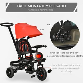 HOMCOM Triciclo Infantil 4 em 1 Bicicleta para Crianças 1-5 Anos com Assento Giratório Capô Ajustável Guidão de Empurre e Apoio para os Pés Dobrável 111,5x52x98cm Vermelho