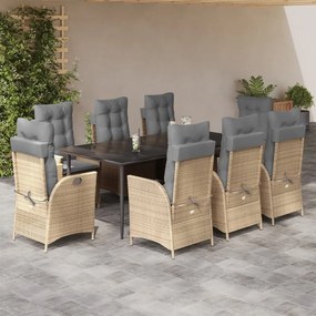 9 pcs conjunto de jantar p/ jardim com almofadões vime PE bege