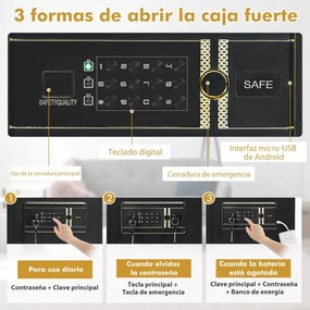 Cofre eletrónico em aço com teclado numérico Sistema de alarme com chave para casa, hotel e escritório 36 x 31 x 41 cm Preto