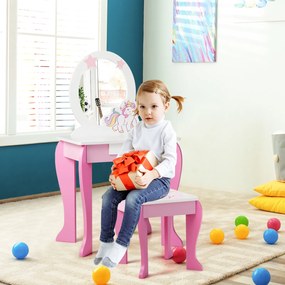 Toucador infantil para menina com Banco Espelho Removível e Gaveta 49,5 x 35,5 x 89 cm Branco e Rosa