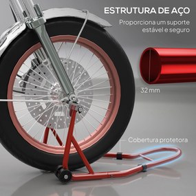 Suporte de Moto Dianteiro Universal de Aço para Roda de 10" 17" 18" Carga 200 kg com Garfos em U e L Ajustáveis 70x47x34,5 cm Vermelho