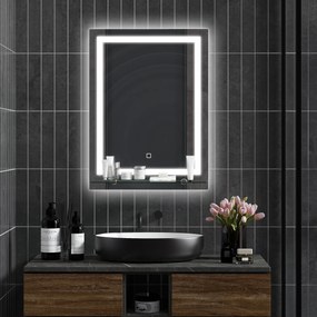 Espelho de parede LED para casa de banho 50 x 70 cm com prateleira integrada, 3 cores, luminosidade ajustável e interruptor tátil prateado