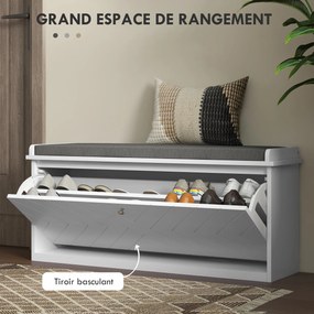 Banco para sapatos com gaveta rebatível, almofada de assento e prateleira ajustável, 100 x 26 x 48 cm, branco