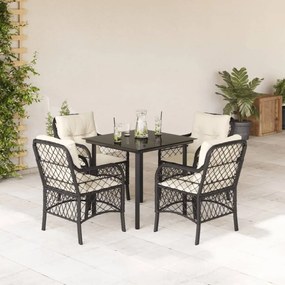 5 pcs conjunto de jantar p/ jardim c/ almofadões vime PE preto