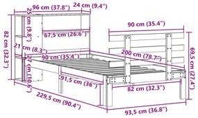 Cama com estante sem colchão 90x200 cm pinho maciço