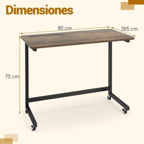 Mesa lateral apoio 80 x 40 x 75 cm com rodas em forma de C para sofá, quarto e sala, castanho rústico e preto
