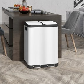 Caixote do lixo de cozinha 2 x 30 L com pedal em aço inoxidável, 2 compartimentos, tampa com fecho suave, 60 L, branco