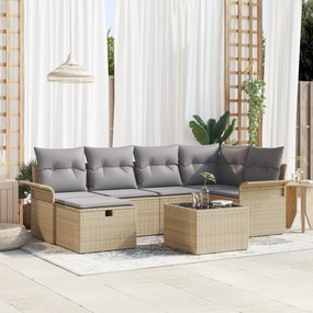 Conjunto de Sofás de Jardim de 7 peças com Almofadas Bege Poliratan, S