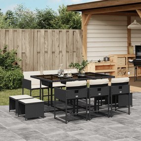 11 pcs conjunto de jantar p/ jardim c/ almofadões vime PE preto