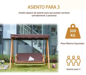 Outsunny Balanço de jardim de madeira para 3 lugares com almofada e encosto acolchoado removível e Ângulo do toldo e altura de assento ajustável ao ar livre 205x130x185 cm marrom