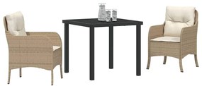 Conjunto de Jantar de Jardim de 3 Peças com Almofadas Bege Rattan PE