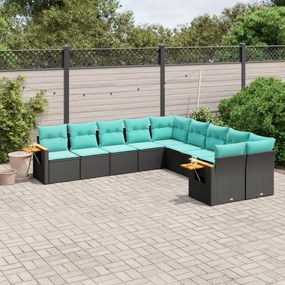 10 pcs conjunto de sofás p/ jardim c/ almofadões vime PE preto