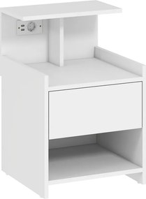 Mesa de Cabeceira 40x40x60 cm com Estação de Carregamento e Portas USB Gaveta e Prateleiras Abertas Branco