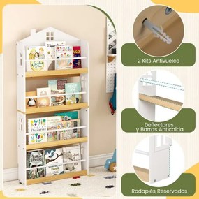 Estante infantil desenho Casa 61 x 15 x 130 cm com 4 níveis com barreiras antiqueda e barra metálica Branco e Natural