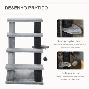 Escada para Animais de Estimação Escada para Gatos de 4 Degraus com Poste de Arranhar Bola 45x40x68 cm Cinza