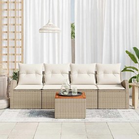 Conjunto de Sofá de 5 Peças para Jardim com Almofadas Bege Polirattan