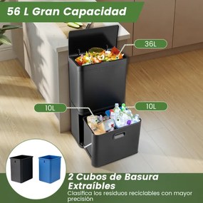 Caixote do lixo em aço inoxidável de 56 litros com sensor de movimento e 2 caixotes do lixo removíveis preto