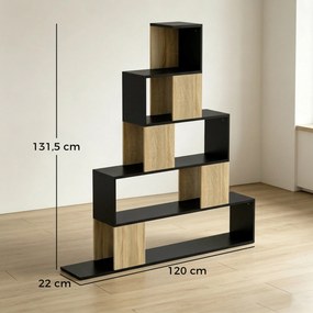 Estante de arrumação 120 x 22 x 131,5 cm, estante geométrica com 5 níveis, para escritório, sala de estar, quarto, em preto e madeira natural