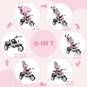 Triciclo para Bebés Evolutivo com Capota Dobrável Guiador Telescópico e Removível Bolsa e Porta-Garrafas 102x49x102 cm Rosa