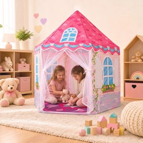 Tenda de Jogos Hexagonal para Crianças, 140 x 140 x 140 cm, Cortinas de Malha Respirável, Rosa