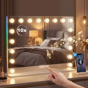 Espelho de maquilhagem Hollywood 80 x 14 x 60 cm com 18 lâmpadas LED, 3 cores de iluminação, luz RGB, altifalante Bluetooth, branco
