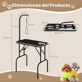 Mesa de Higiene para Animais 80,5 x 46 x 148 cm Dobrável com Braço Ajustável em Altura e Laço Superfície Antiderrapante e Impermeável Preta