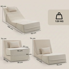 Poltrona-Cama de Chão, 90 x 76 x 74 cm, Convertível 3 em 1, Bege