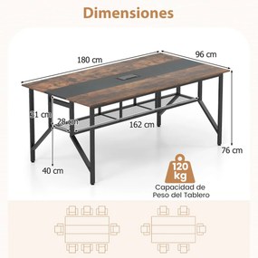 Mesa retangular para reuniões 180 x 96 x 76 cm (CADEIRAS NÃO INCLUIDAS) com prateleira de malha e passagem de cabos para 6-8 pessoas Preto + Castanho