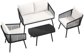 Conjunto de jardim para 4 pessoas com sofá de 2 lugares, 2 cadeiras e mesa de centro em vidro temperado Preto e branco