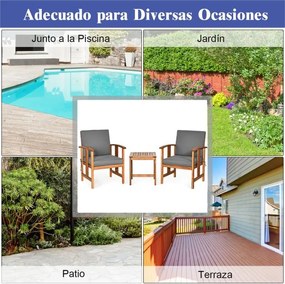 Conjunto de jardim em madeira de acácia com 3 peças e almofadas 2 sofás seccionais acolchoados com mesa de café cinzenta