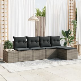 Conjunto de Sofá de 5 peças com Almofadas Cinzas em Rattan Polimérico