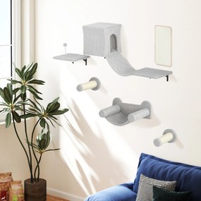 Conjunto de Prateleiras de Escalada para Gatos de 6 Peças com Placa para Arranhar e Poste de Sisal Cinzento