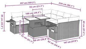 9 pcs conjunto sofás p/ jardim com almofadões vime PE cinzento