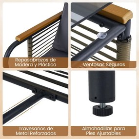Conjunto de jardim 5 peças Rattan com Almofadas 2 Pufes Mesa de Vidro temperado cinzento