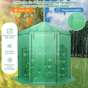 Estufa agricola hexagonal com cobertura de janela de 2 camadas e porta de enrolar para vento resistente aos raios UV Geada 214 x 183 x 227 cm Verde