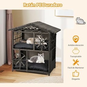 Casa para gatos em vime de 2 andares 69 x 40,5 x 70 cm com almofadas removíveis, teto, janelas e portas com sombra cinza.